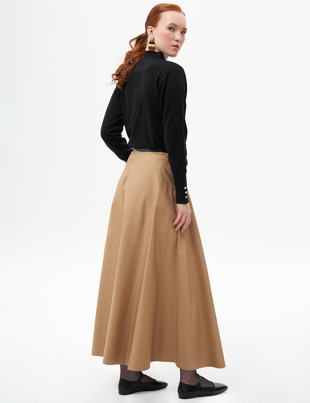 Piped Detail Flared Skirt Beige
