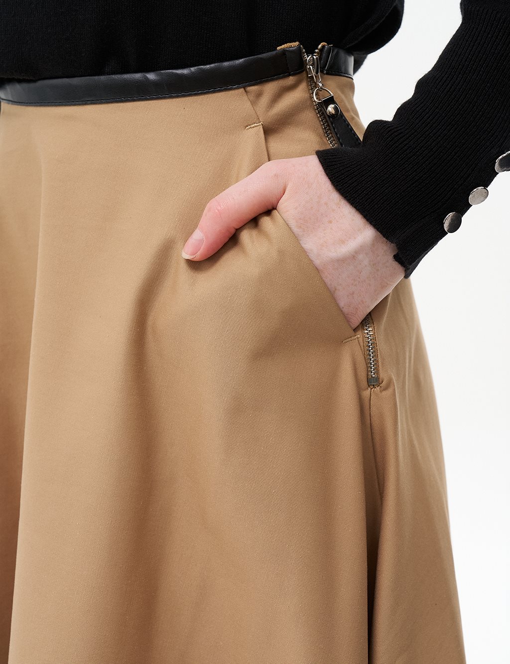 Piped Detail Flared Skirt Beige
