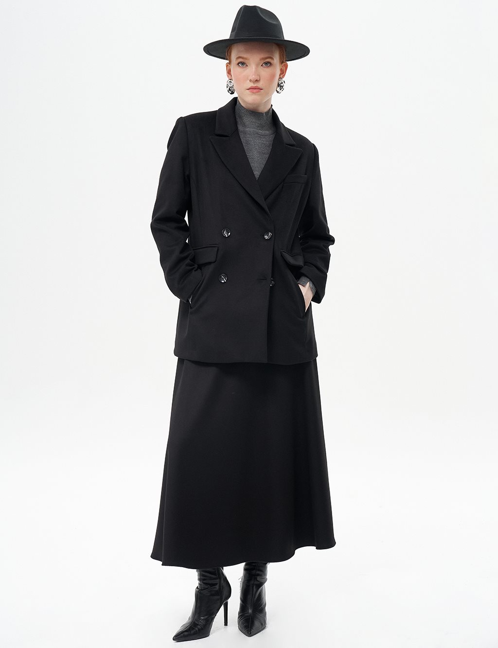 Coat with Flap Pockets Wool Blazer Jacket Black