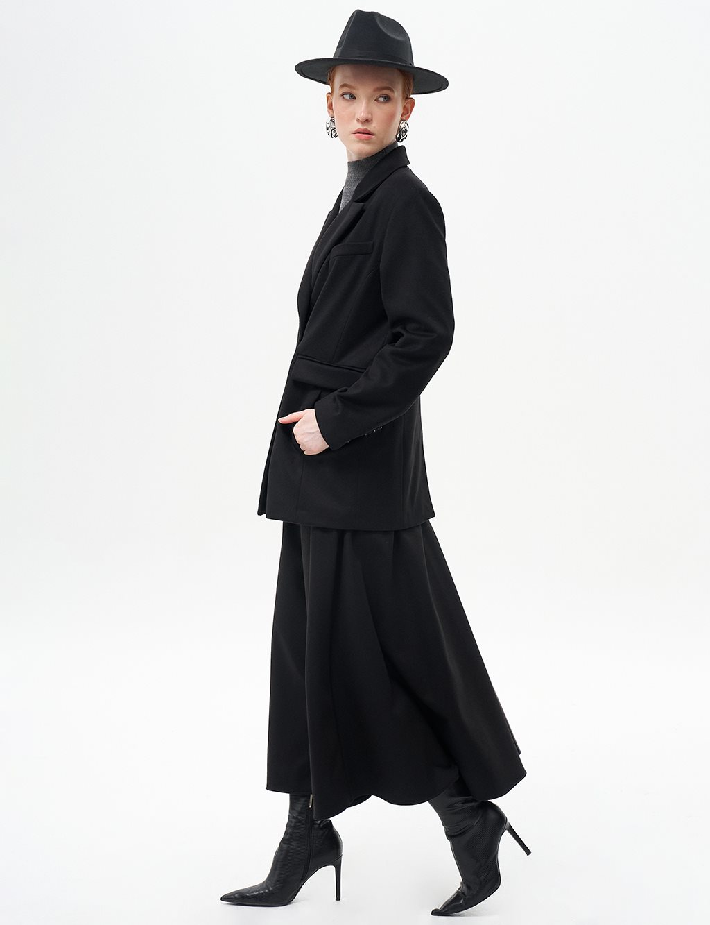 Coat with Flap Pockets Wool Blazer Jacket Black