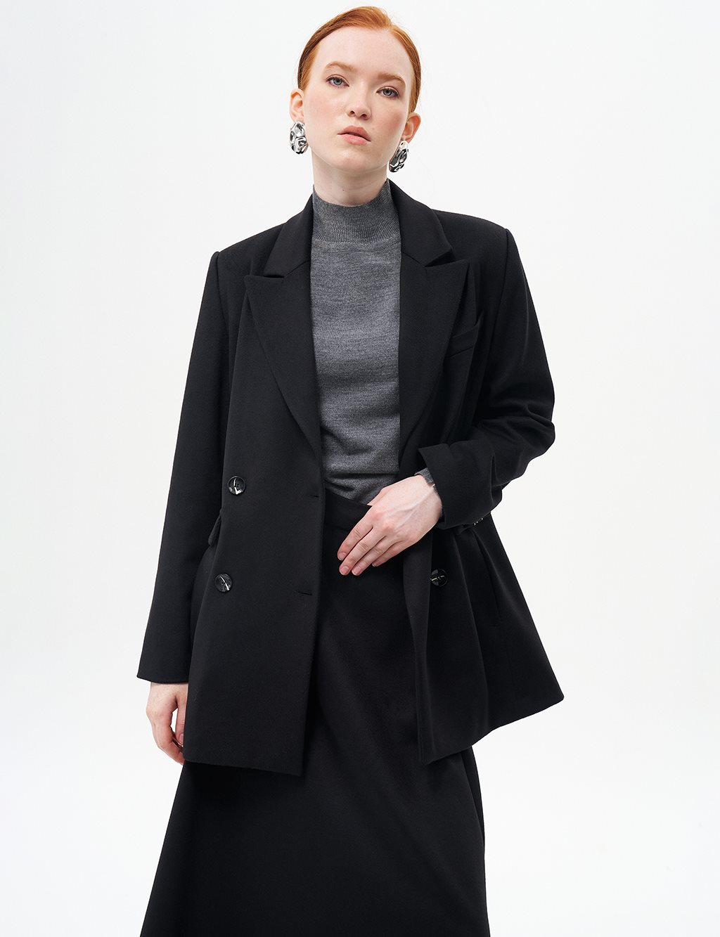 Coat with Flap Pockets Wool Blazer Jacket Black