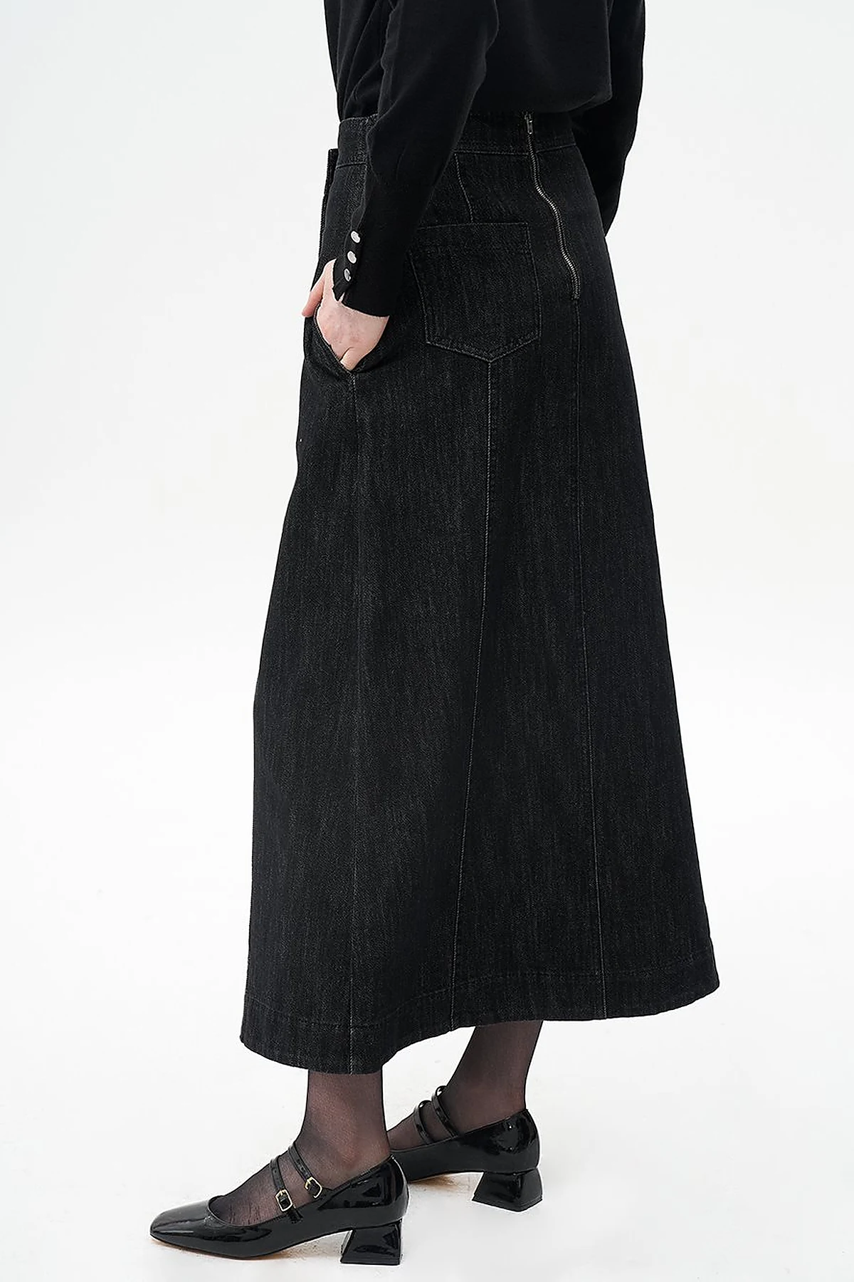 Denim Skirt with Zipper Detail Black