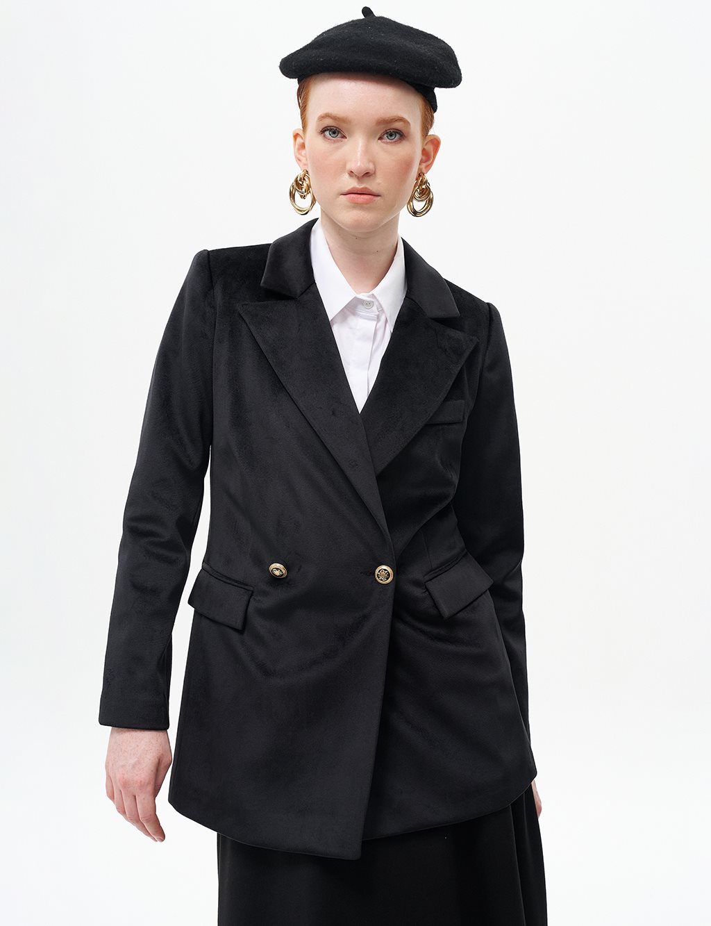 Velvet Blazer Jacket with Flap Pocket Black