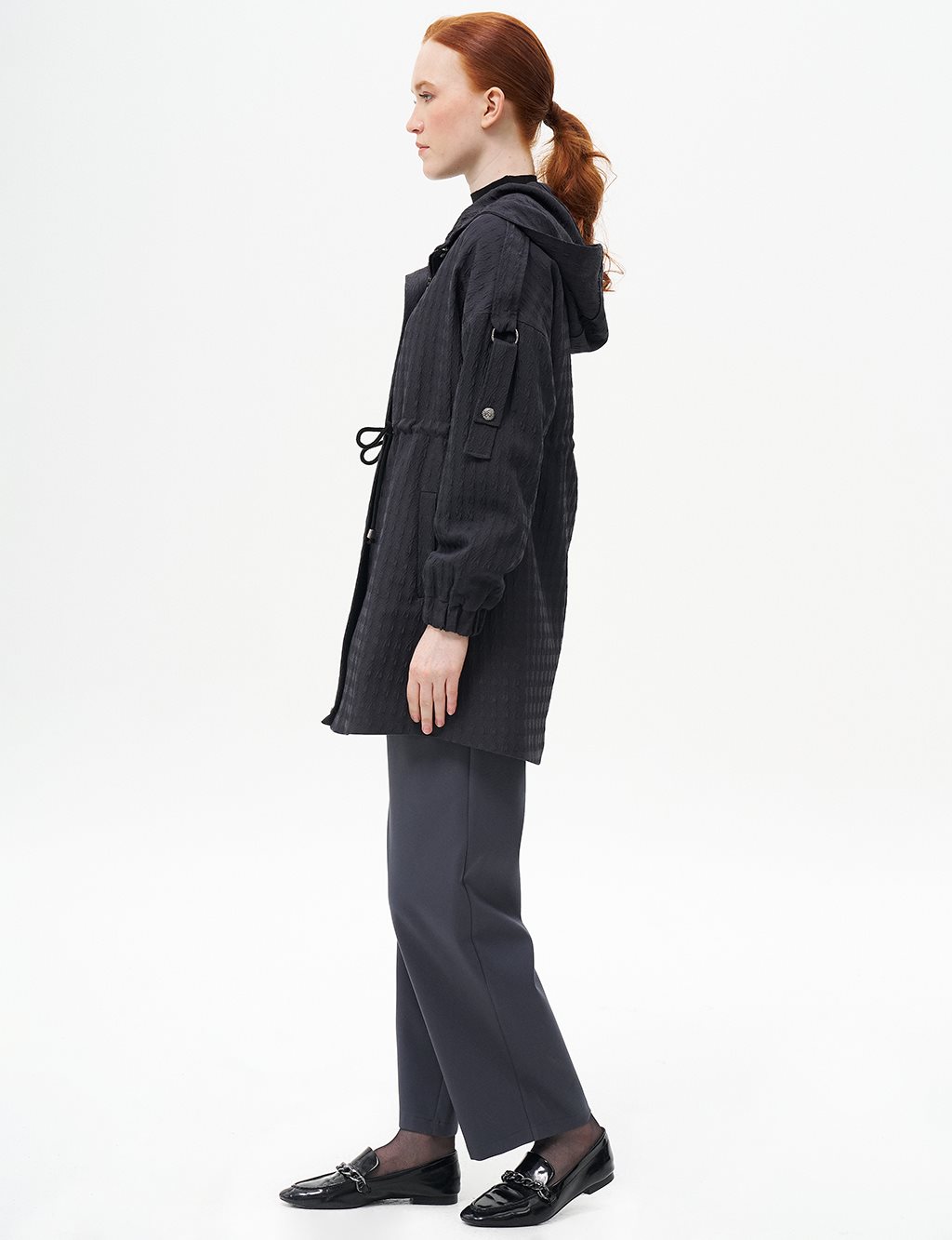 Waist Gathered Textured Jacket Black