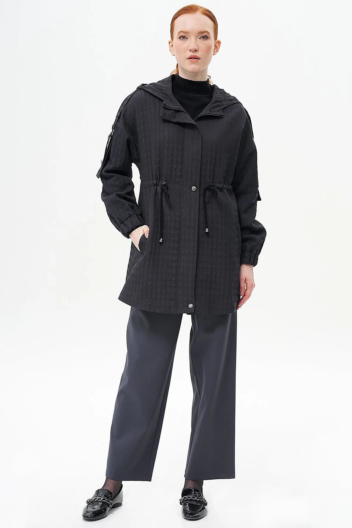 Waist Gathered Textured Jacket Black