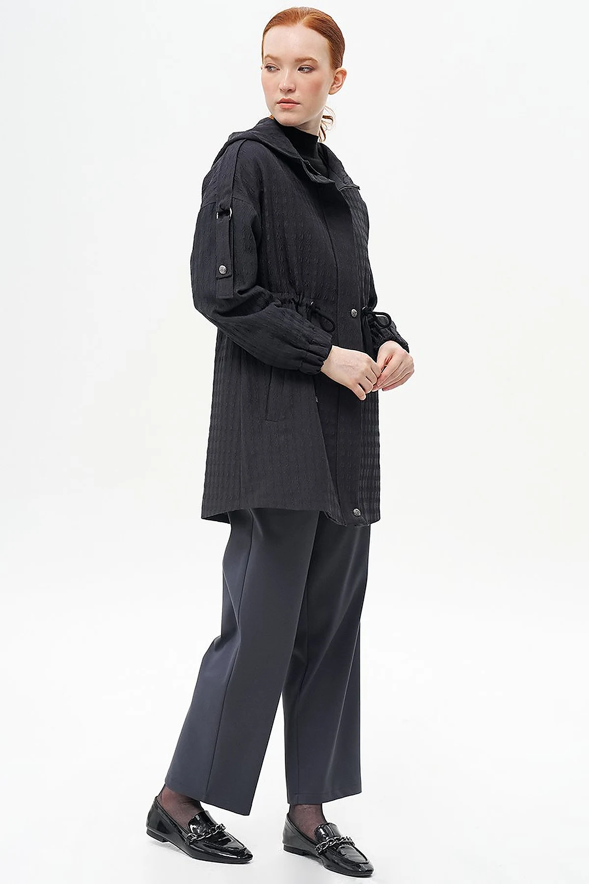 Waist Gathered Textured Jacket Black