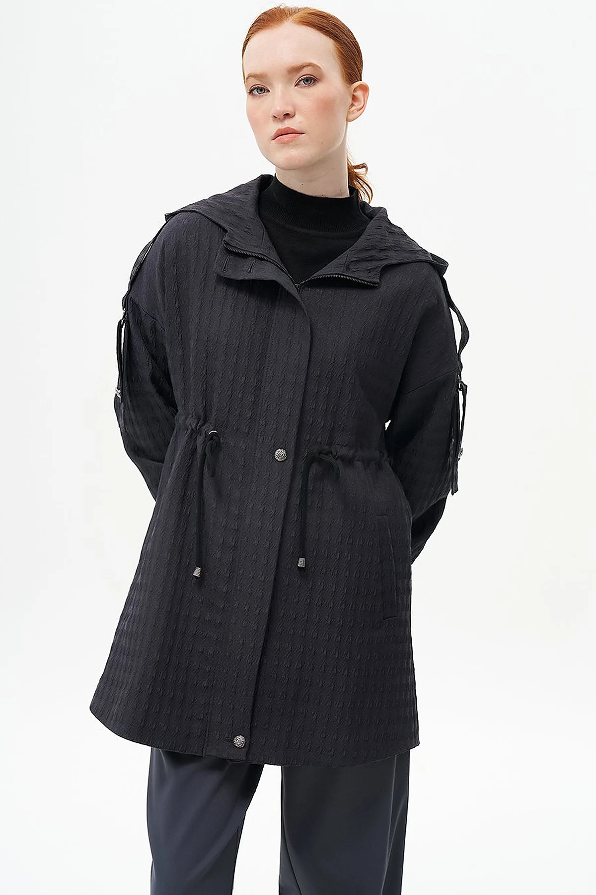 Waist Gathered Textured Jacket Black
