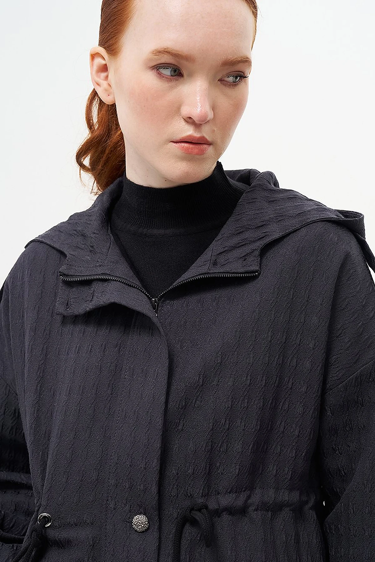 Waist Gathered Textured Jacket Black