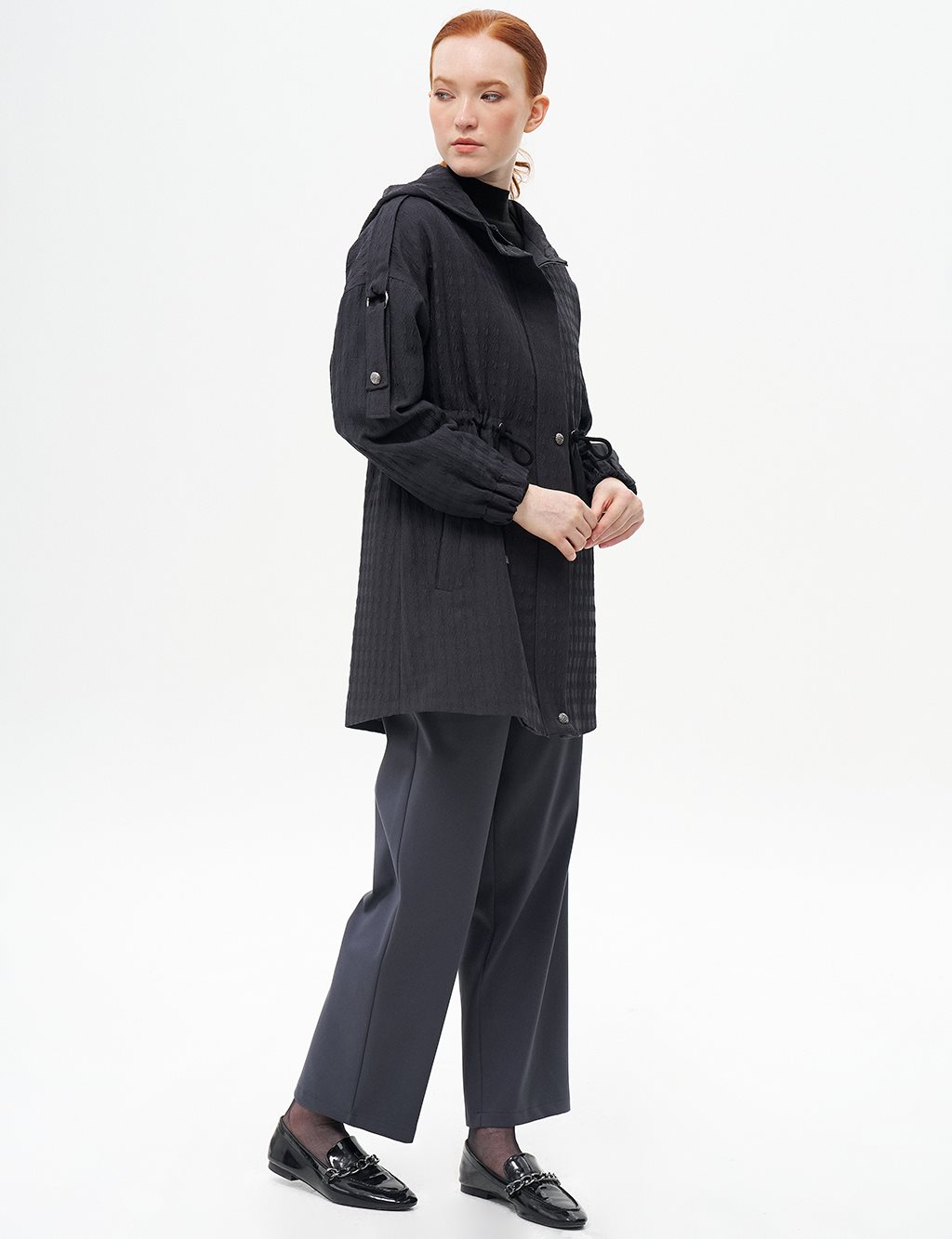 Waist Gathered Textured Jacket Black