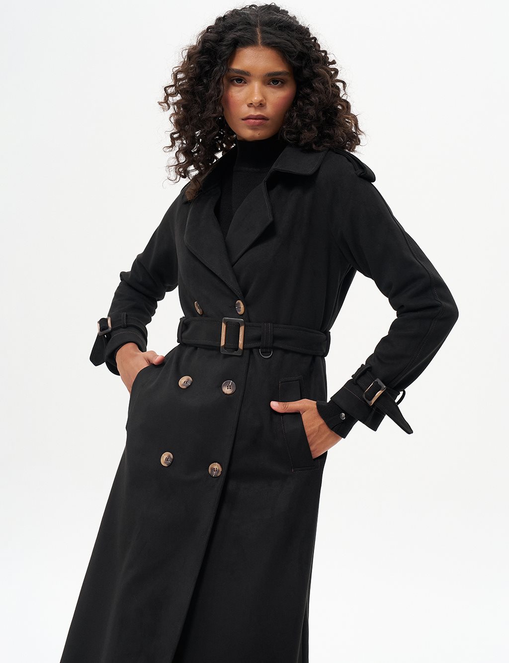 Belted Suede Coat Black