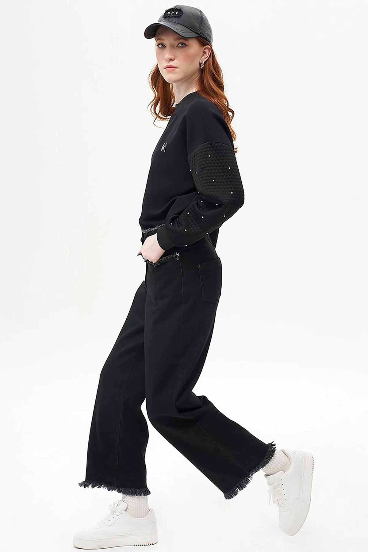 Fringed Mixed Denim Pants Black