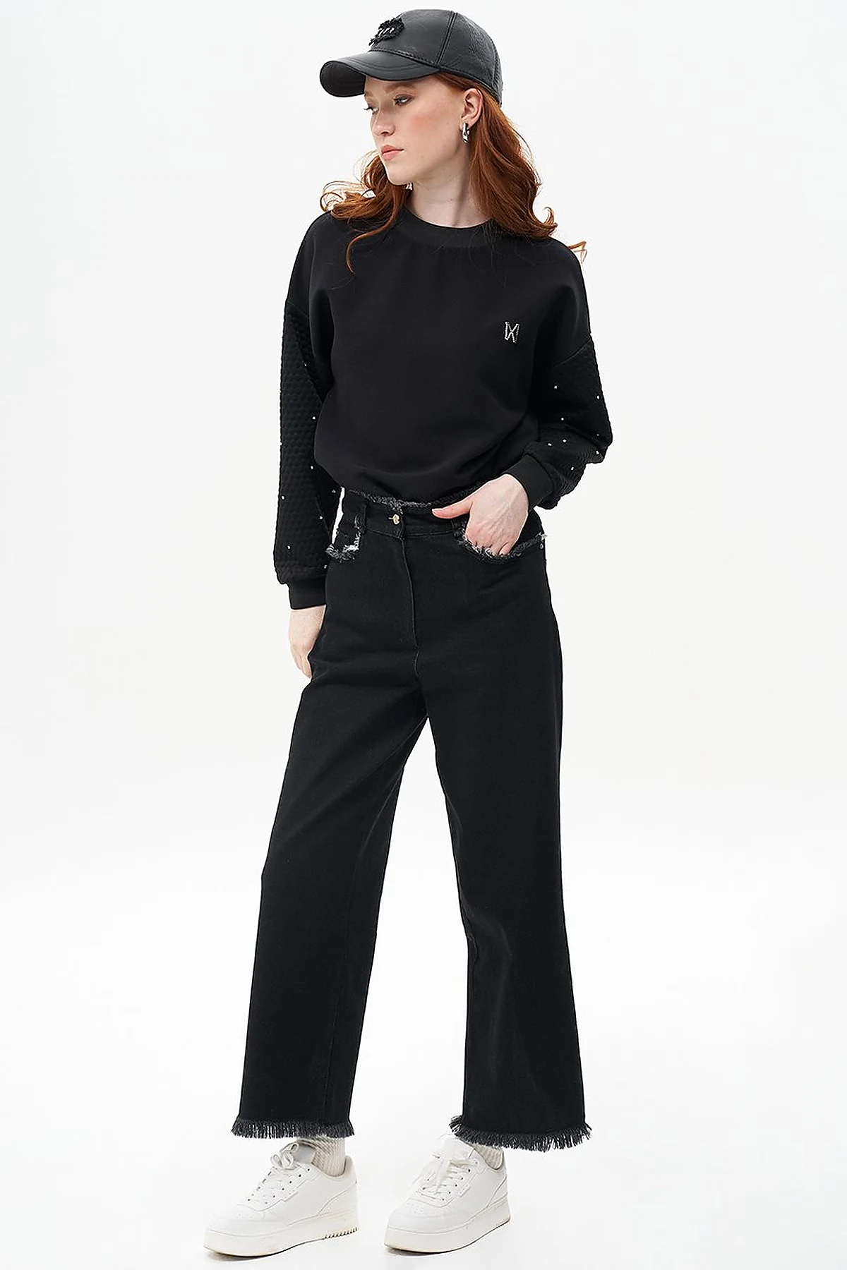 Fringed Mixed Denim Pants Black