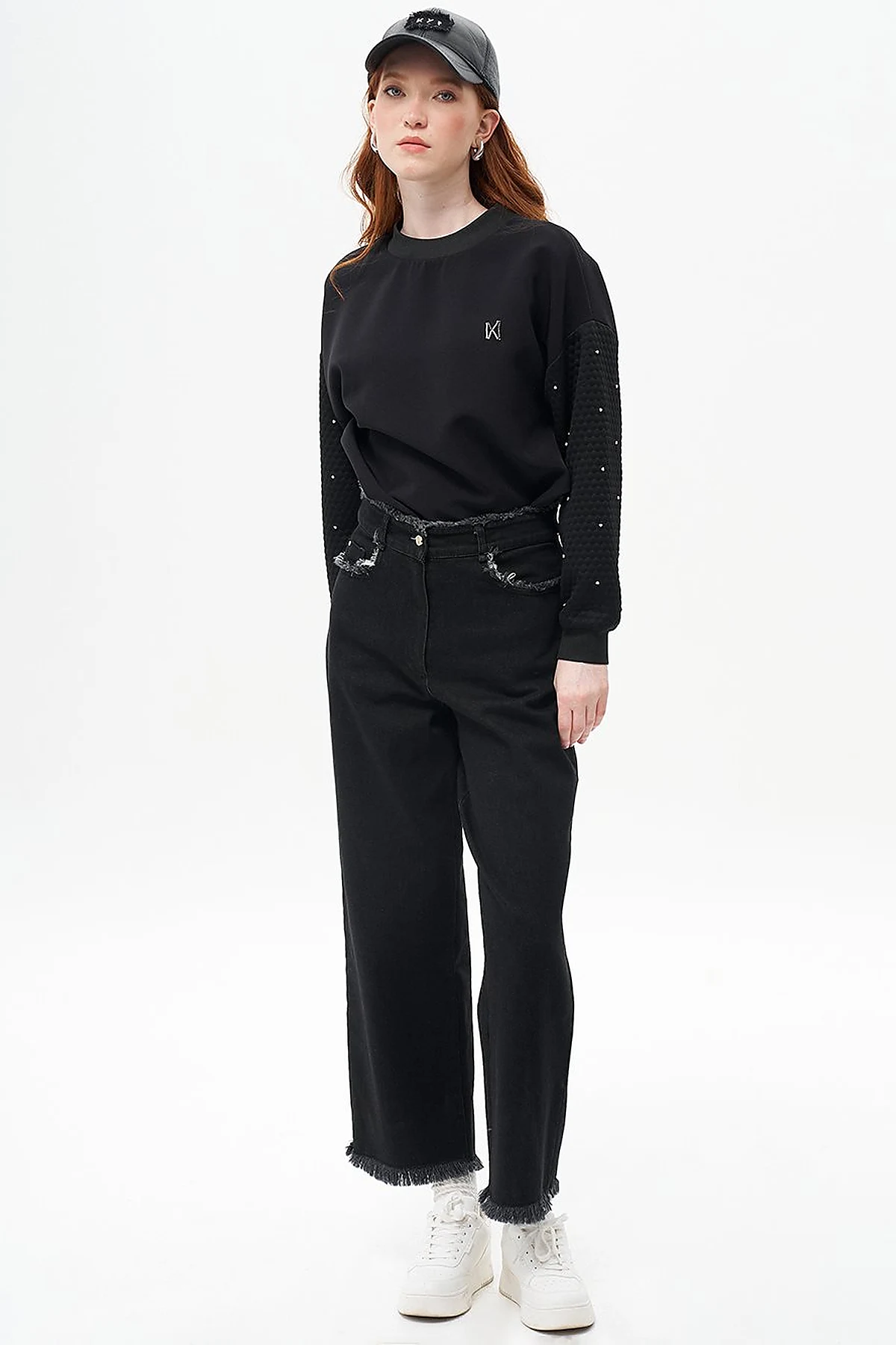 Fringed Mixed Denim Pants Black