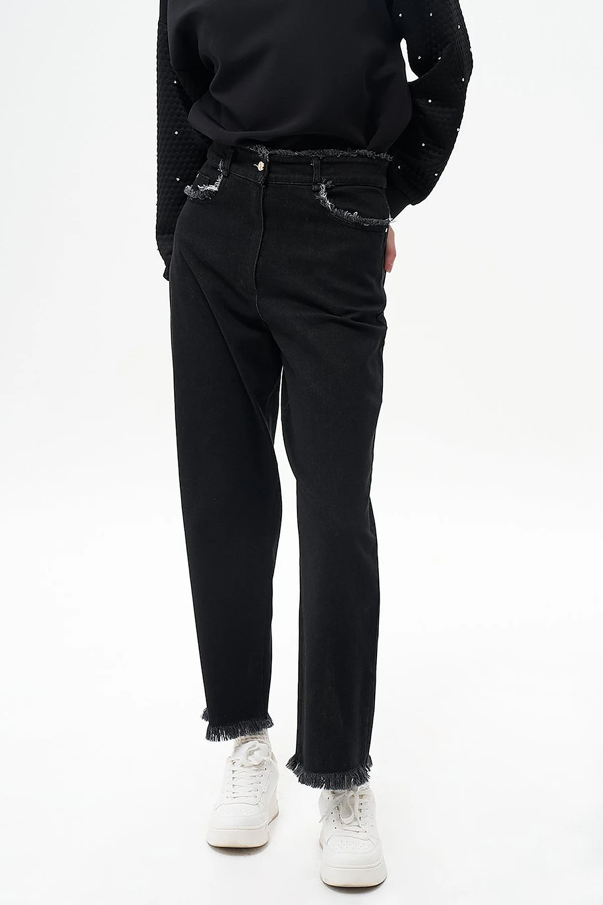 Fringed Mixed Denim Pants Black