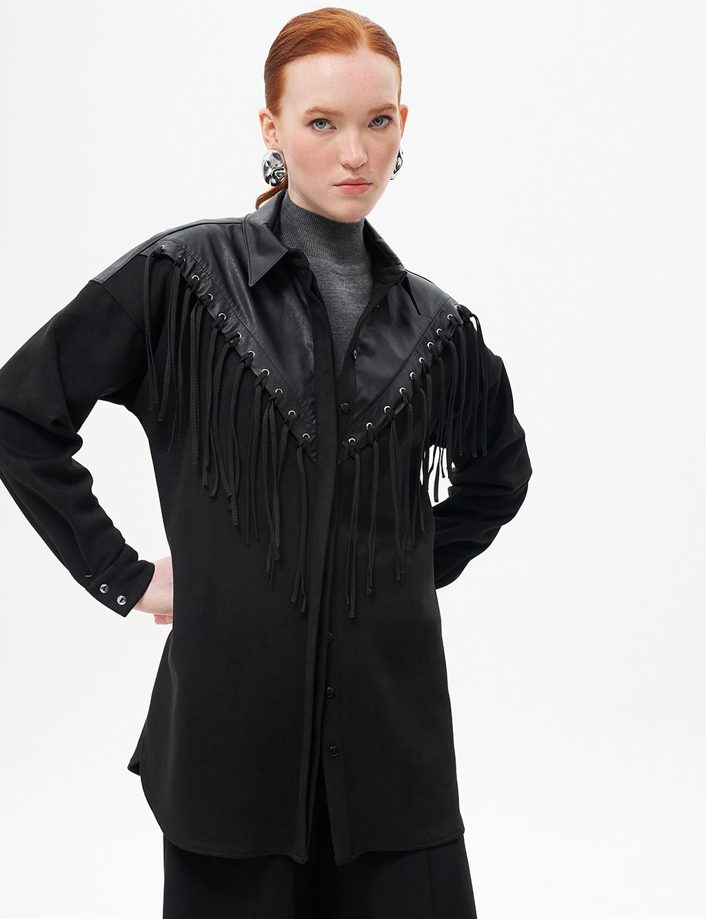 Fringed Detailed Suede Tunic Black