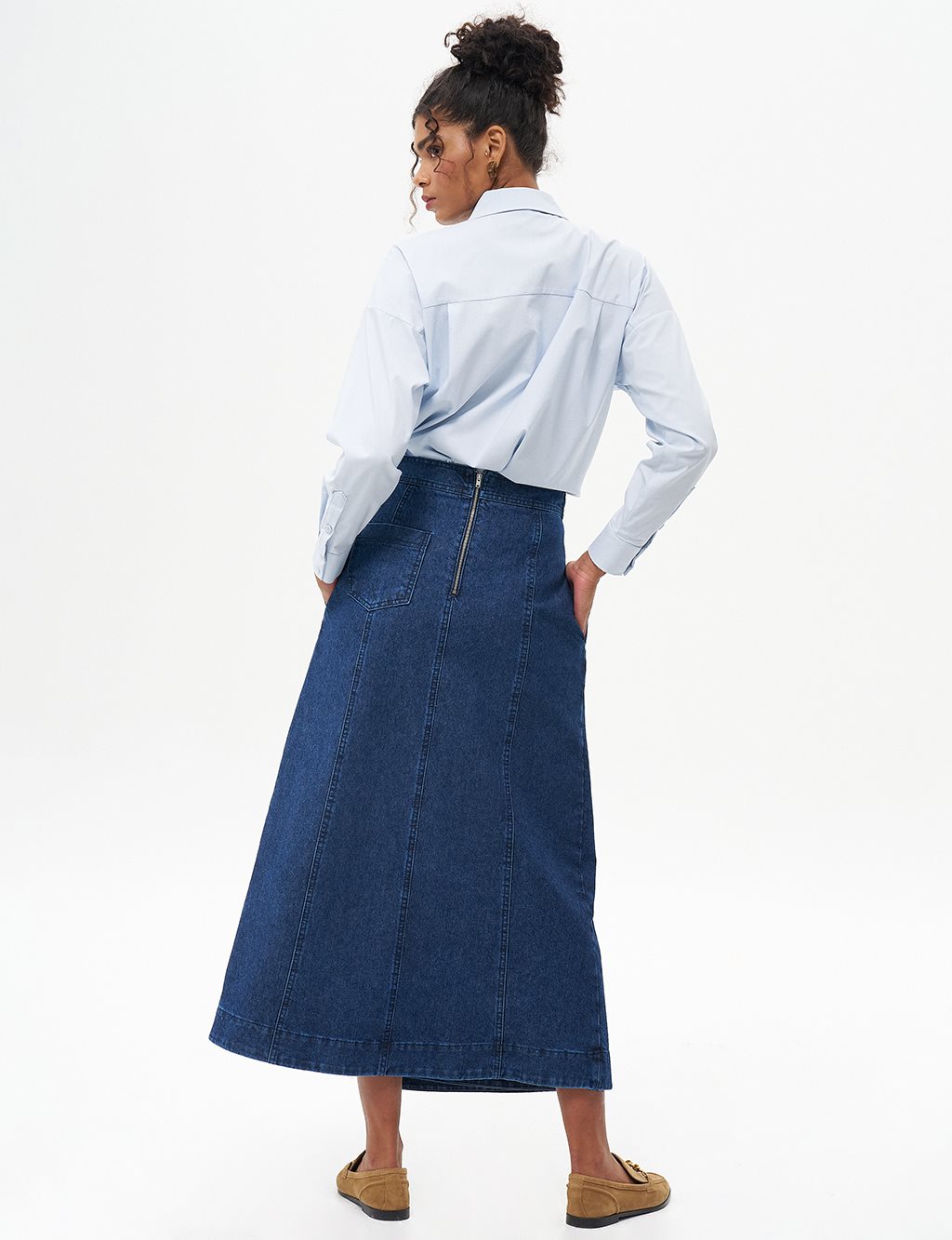 Zipper Detailed Denim Skirt Navy Blue