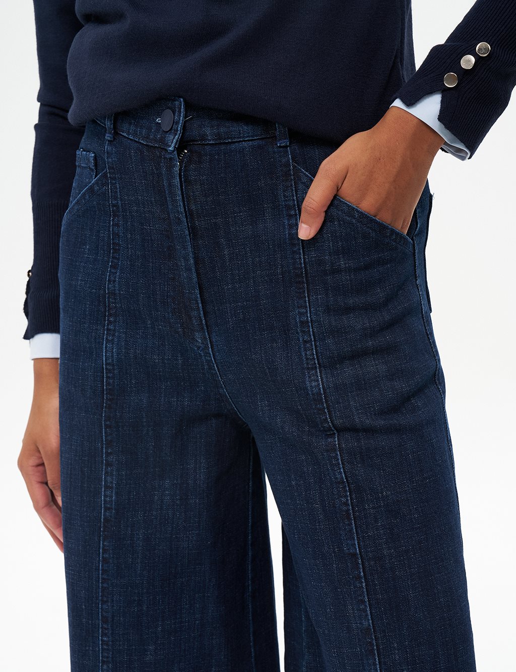 Stitched Detailed Denim Pants Navy Blue