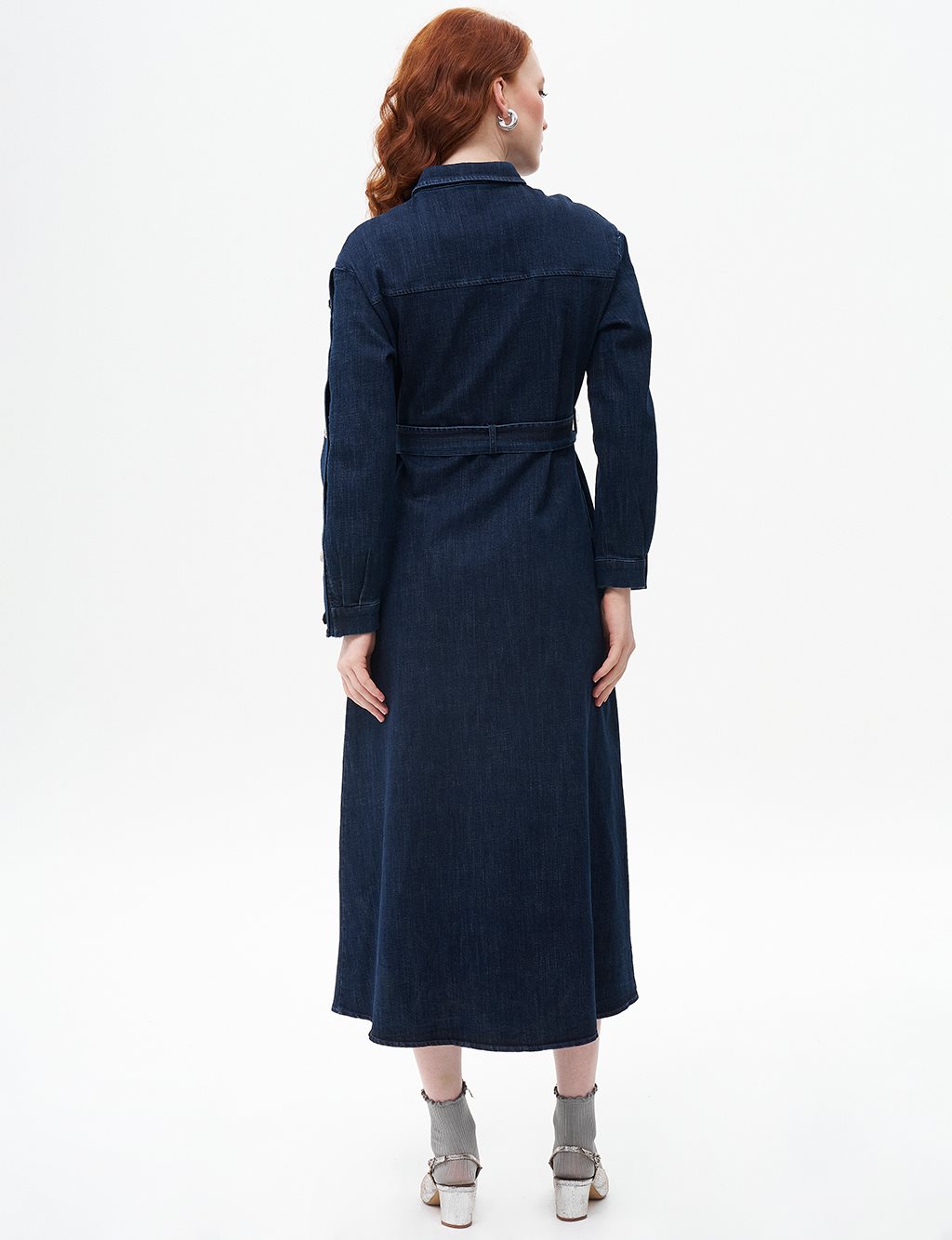 Button Detailed Denim Dress Navy Blue