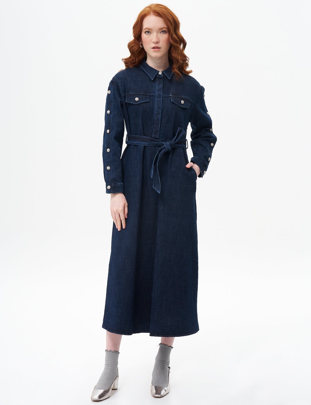 Button Detailed Denim Dress Navy Blue