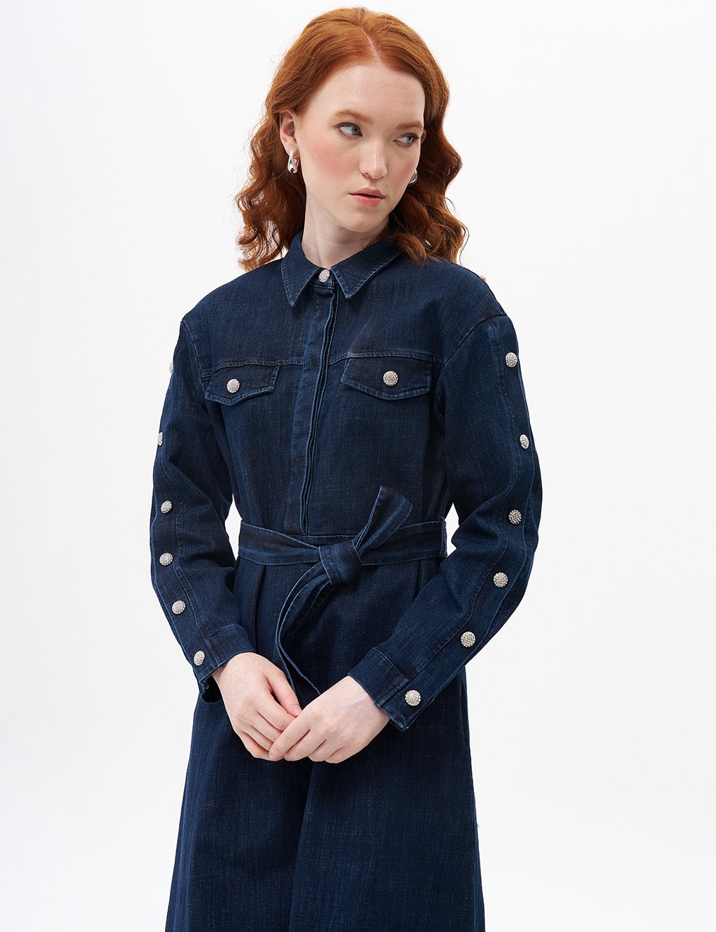 Button Detailed Denim Dress Navy Blue