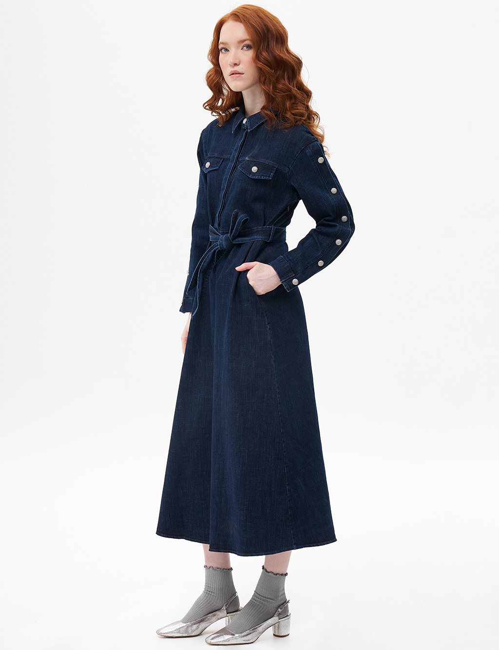 Button Detailed Denim Dress Navy Blue