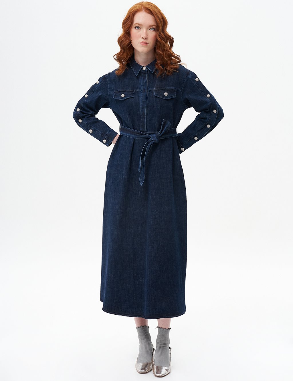 Button Detailed Denim Dress Navy Blue