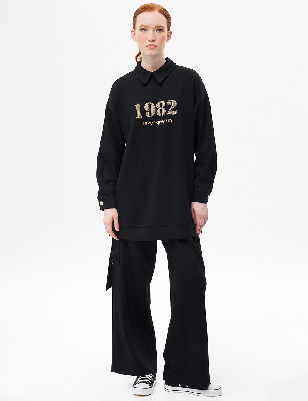 Sırtı Fermuar Kapamalı Scuba Sweatshirt Siyah
