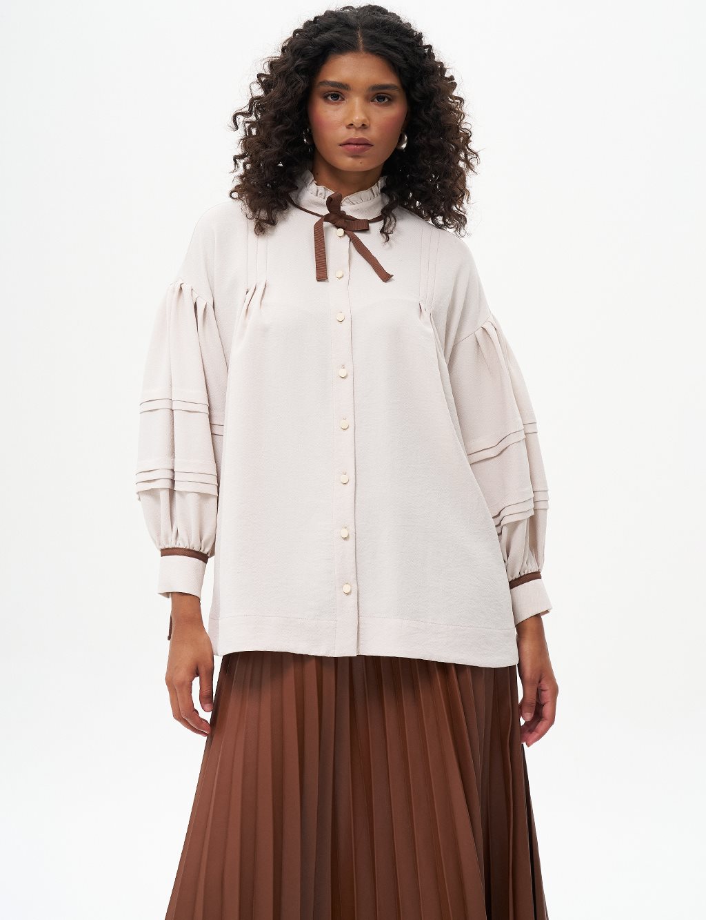 Rib Detailed Laced Blouse Cream