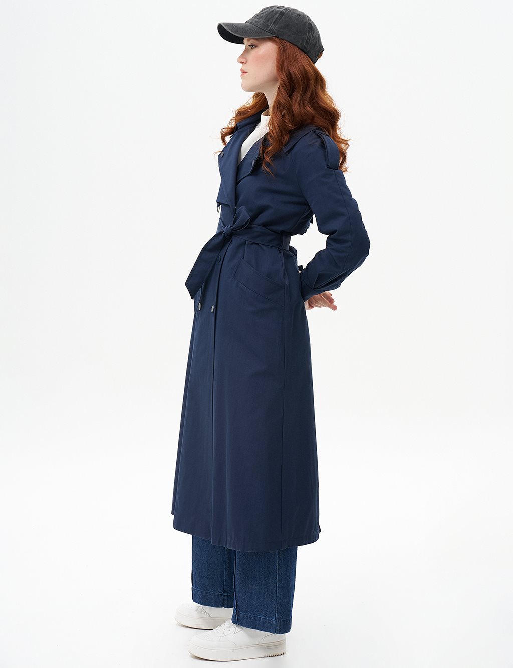 Belted Snap Closure Cape Dark Navy Blue