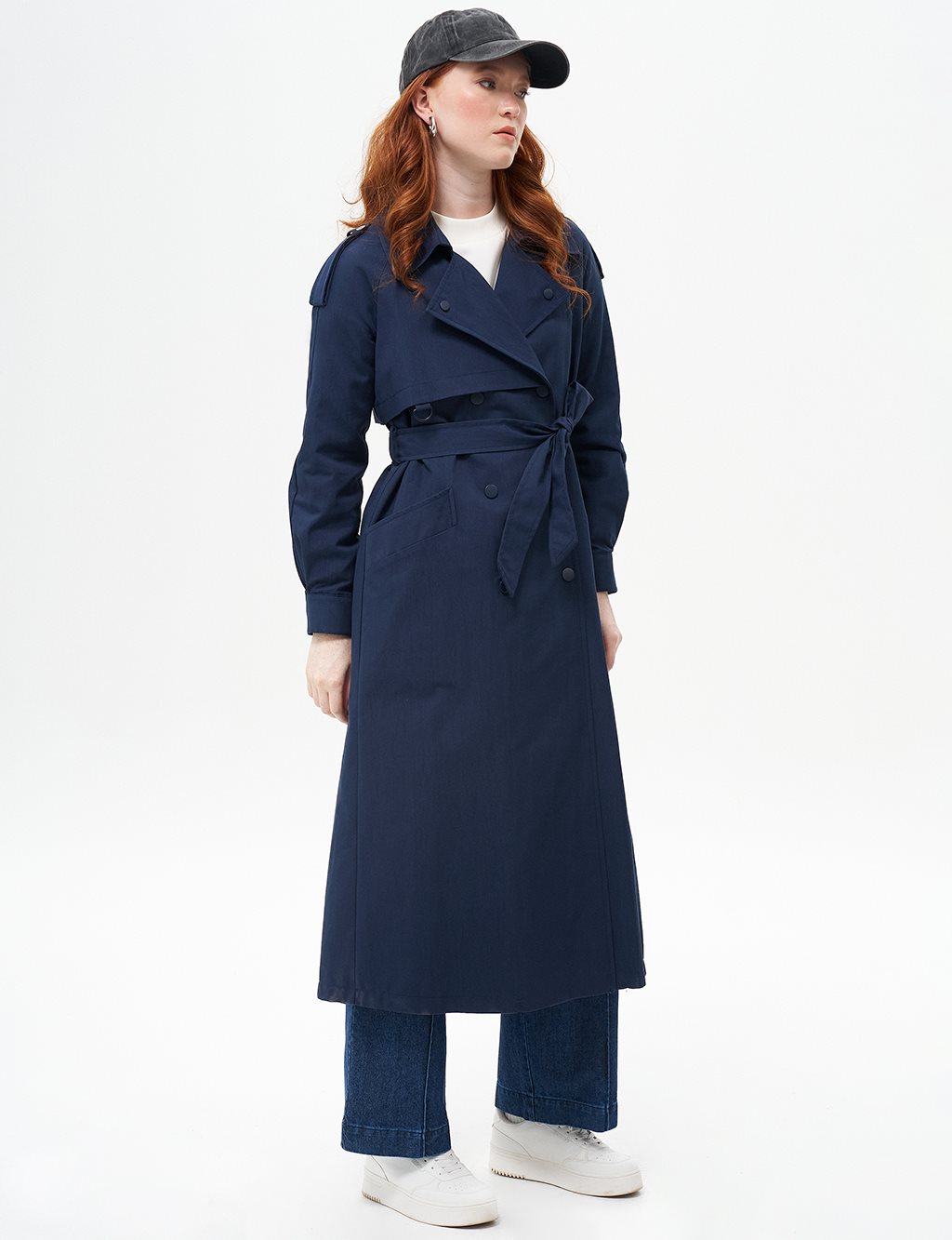 Belted Snap Closure Cape Dark Navy Blue