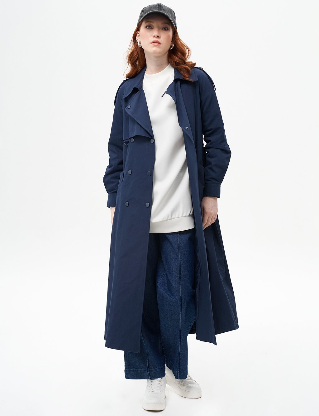 Belted Snap Closure Cape Dark Navy Blue