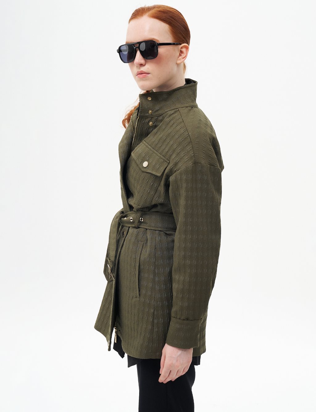 Metal Buckle Detailed Textured Jacket Khaki