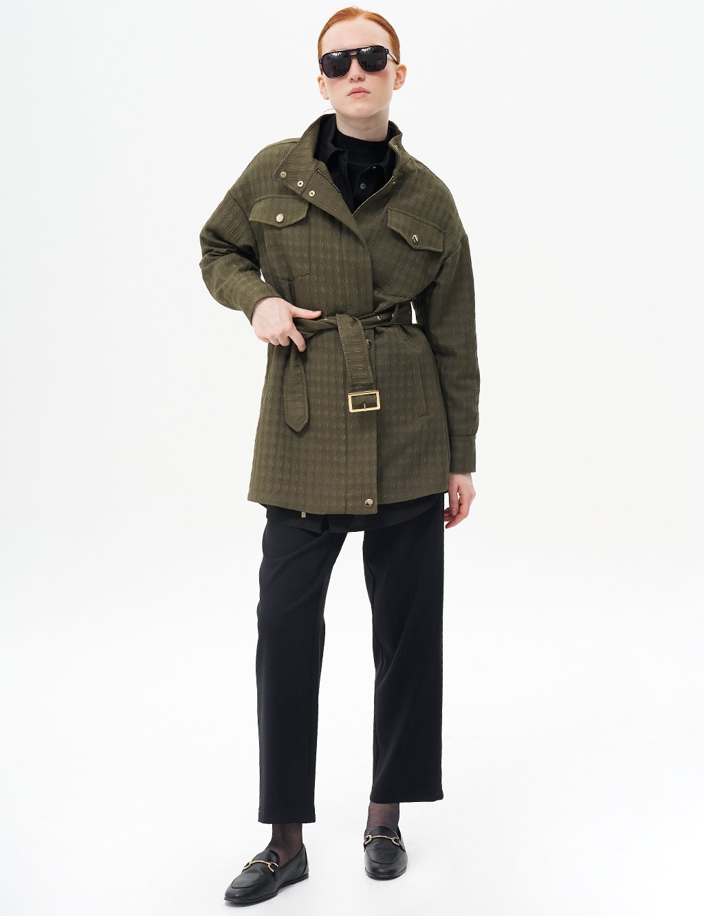 Metal Buckle Detailed Textured Jacket Khaki