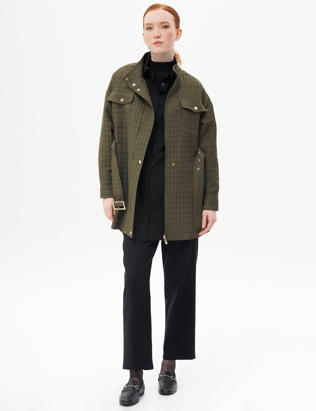 Metal Buckle Detailed Textured Jacket Khaki