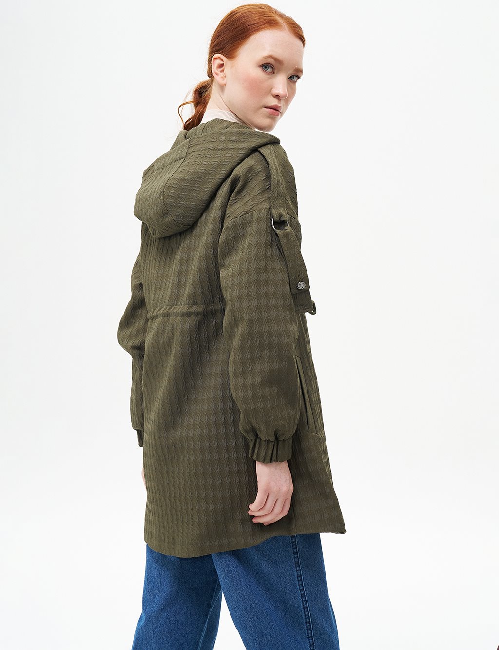 Waist Drawstring Textured Jacket Khaki