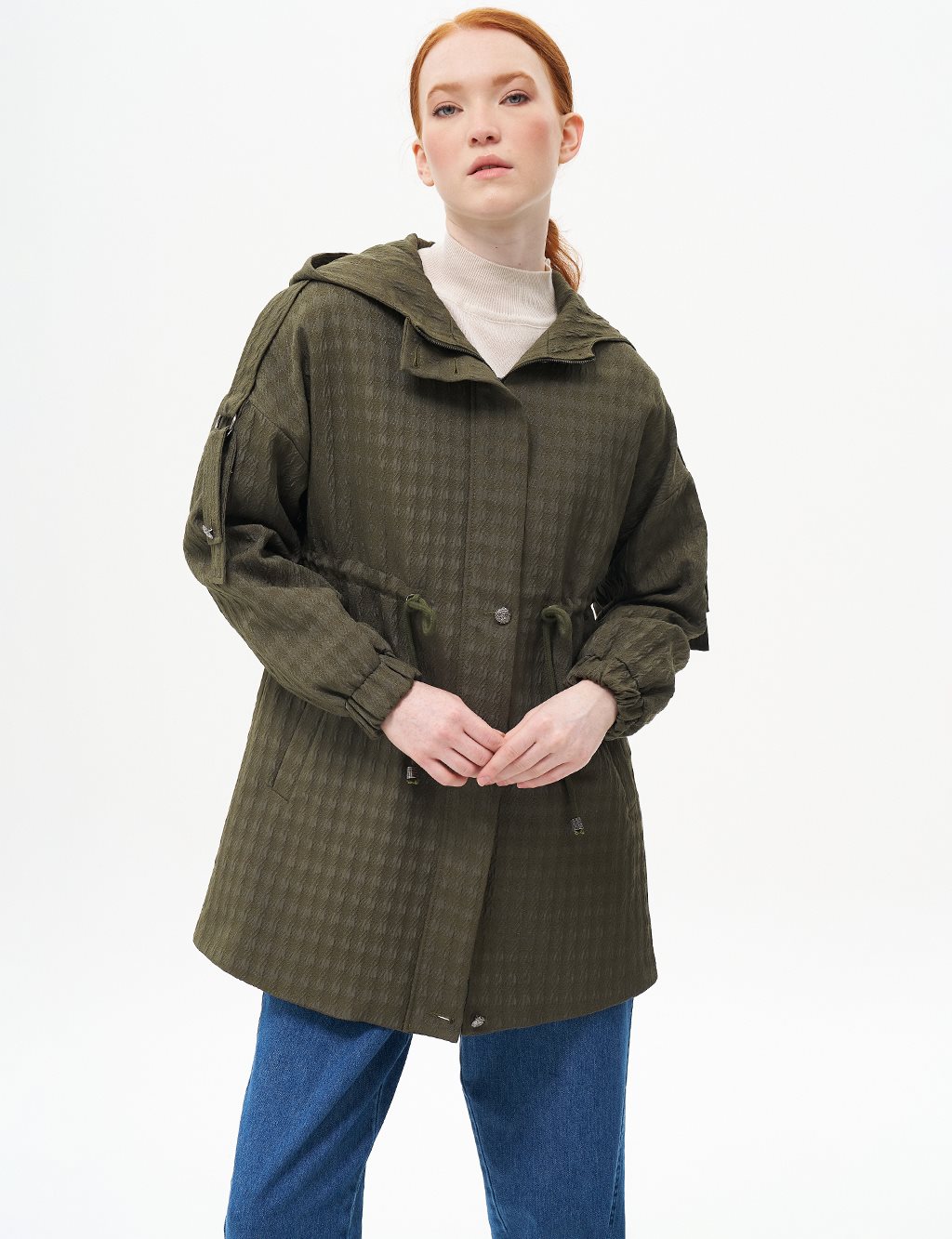 Waist Drawstring Textured Jacket Khaki