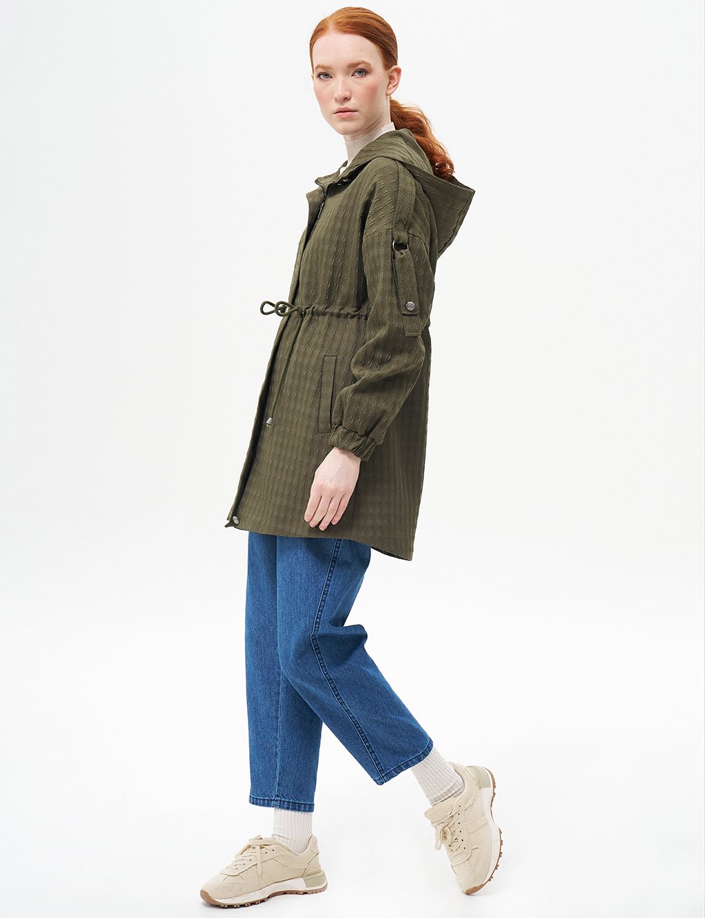 Waist Drawstring Textured Jacket Khaki