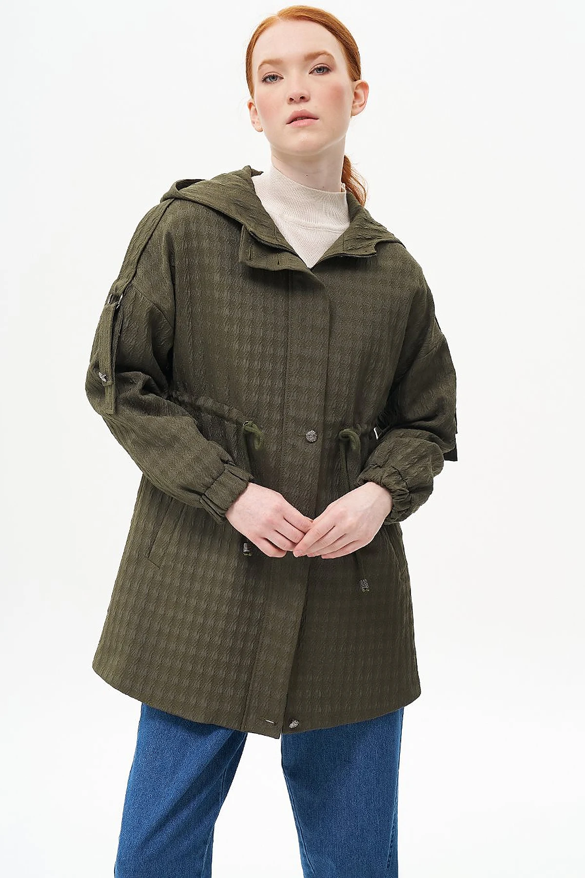 Waist Drawstring Textured Jacket Khaki