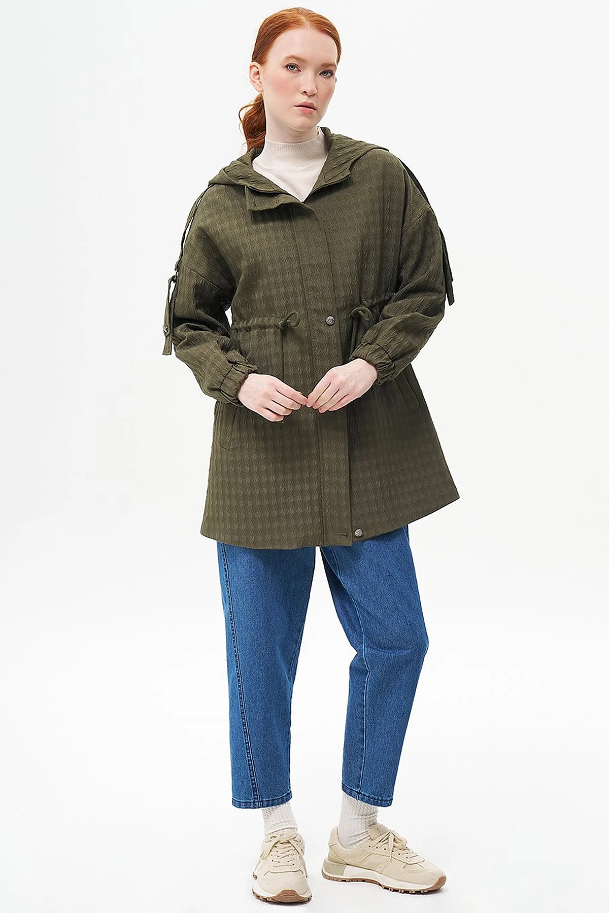 Waist Drawstring Textured Jacket Khaki