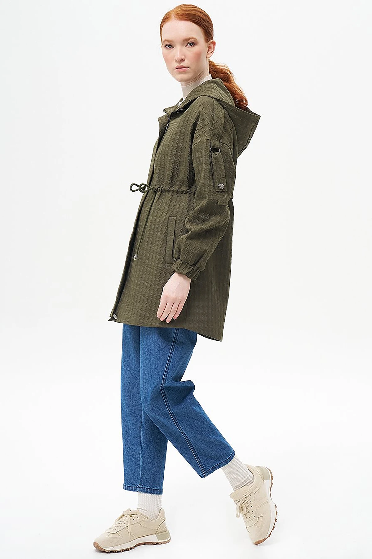 Waist Drawstring Textured Jacket Khaki