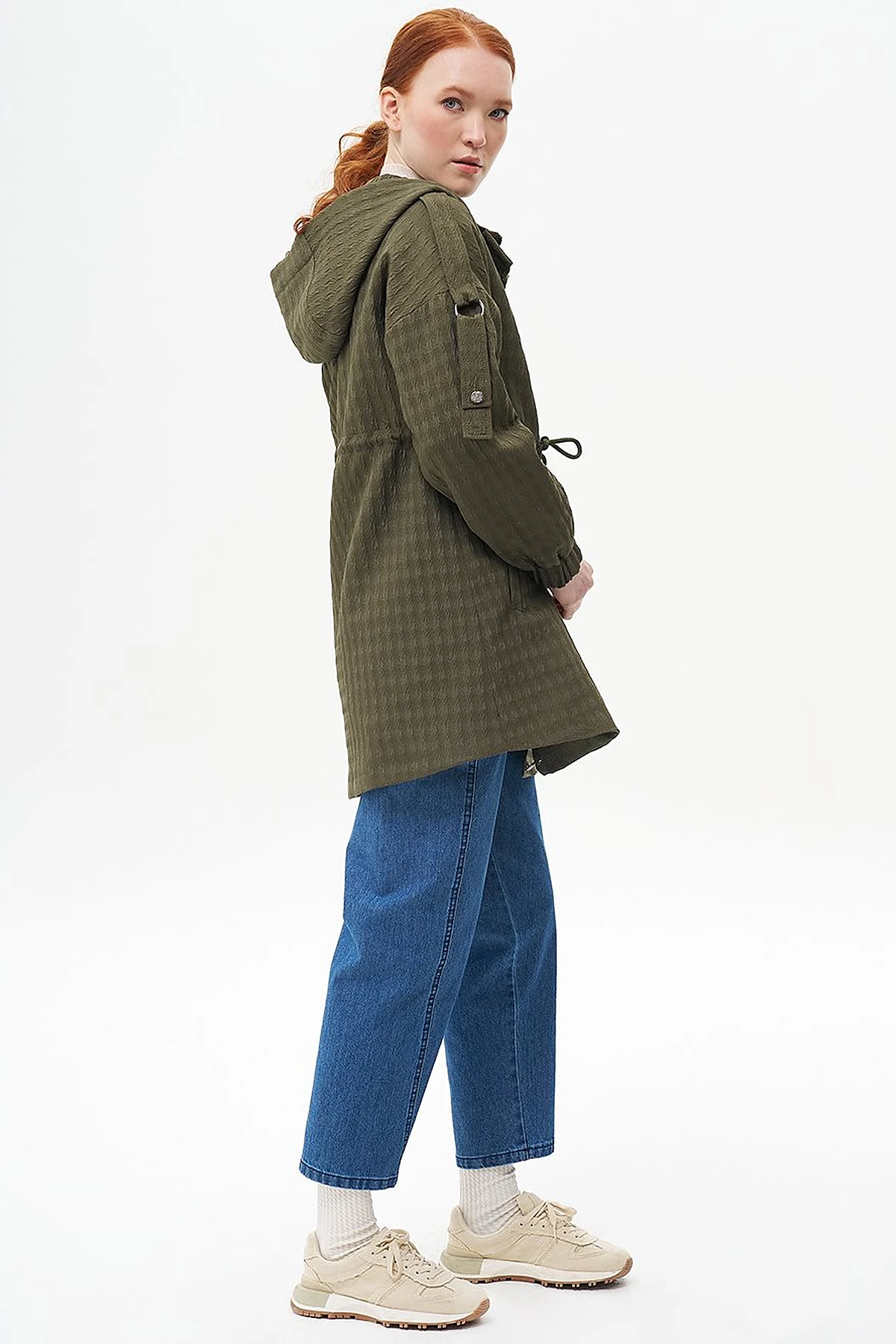 Waist Drawstring Textured Jacket Khaki