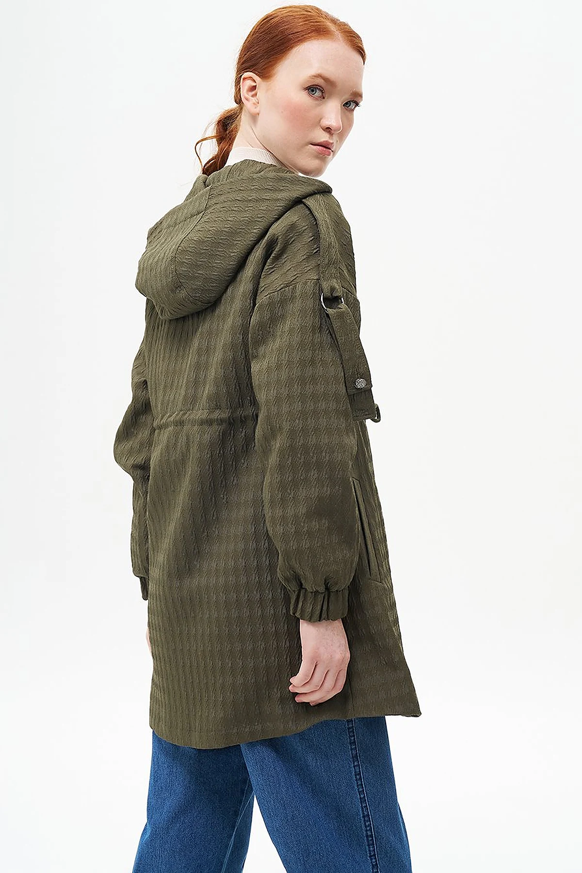 Waist Drawstring Textured Jacket Khaki