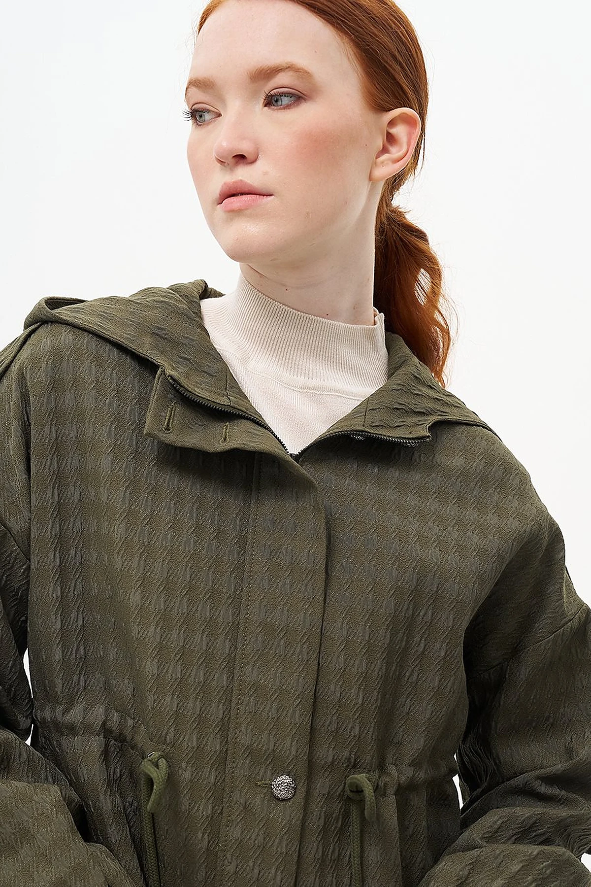 Waist Drawstring Textured Jacket Khaki