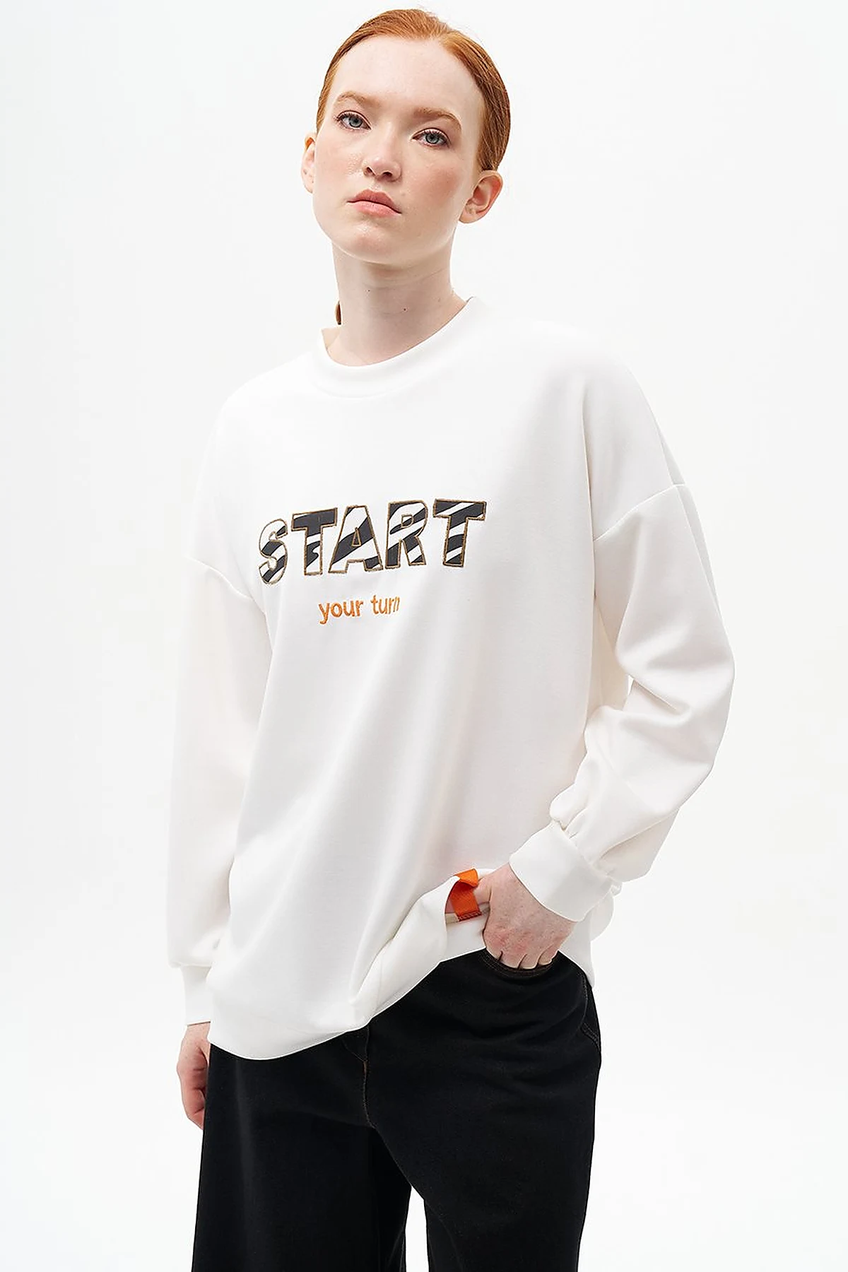 Slogan Embroidered Scuba Sweatshirt Ecru