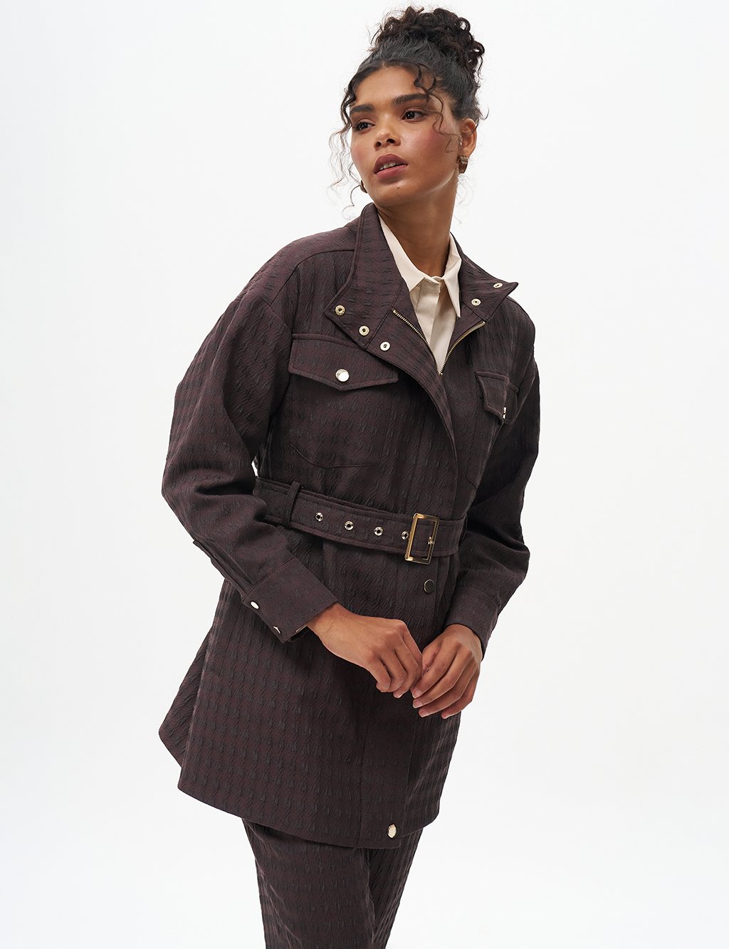 Textured Jacket with Metal Buckle Detail Dark Brown