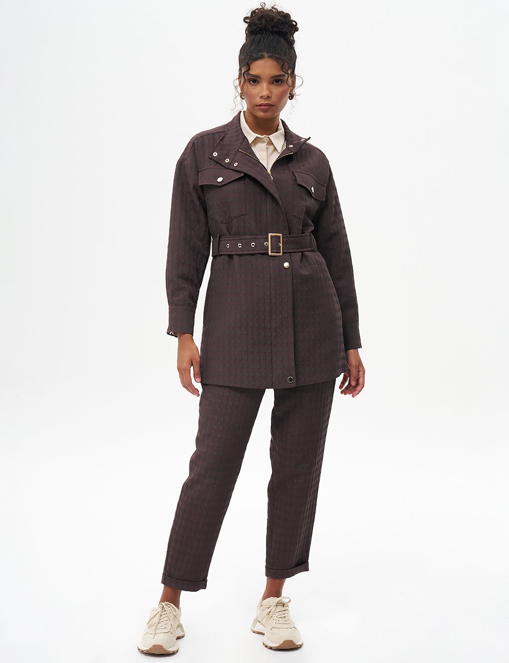 Textured Jacket with Metal Buckle Detail Dark Brown