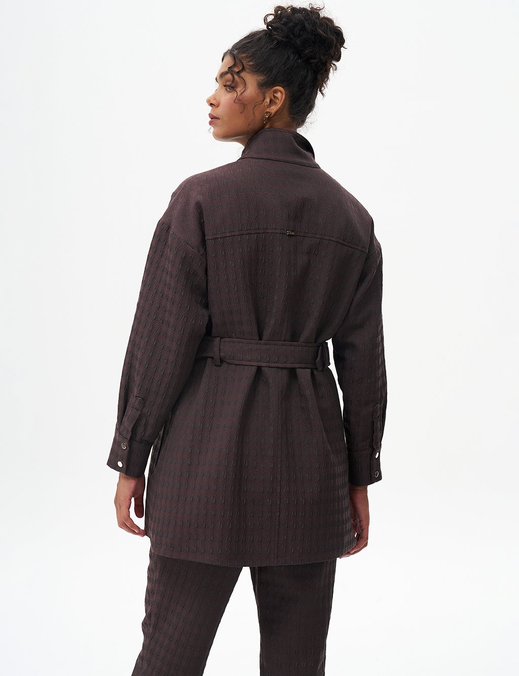 Textured Jacket with Metal Buckle Detail Dark Brown