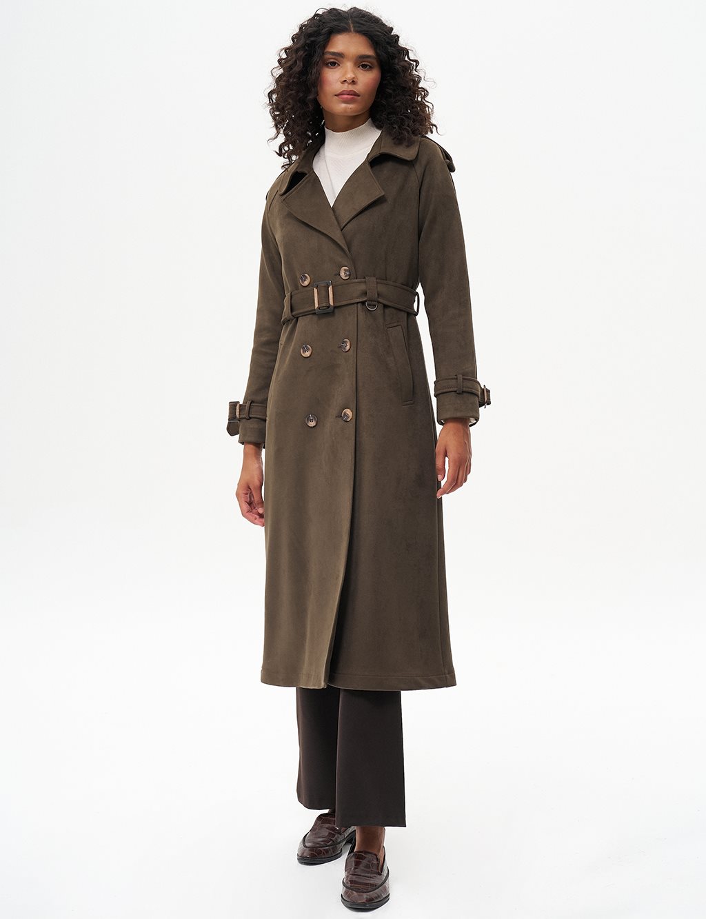 Suede Coat with Belt Detail Dark Khaki