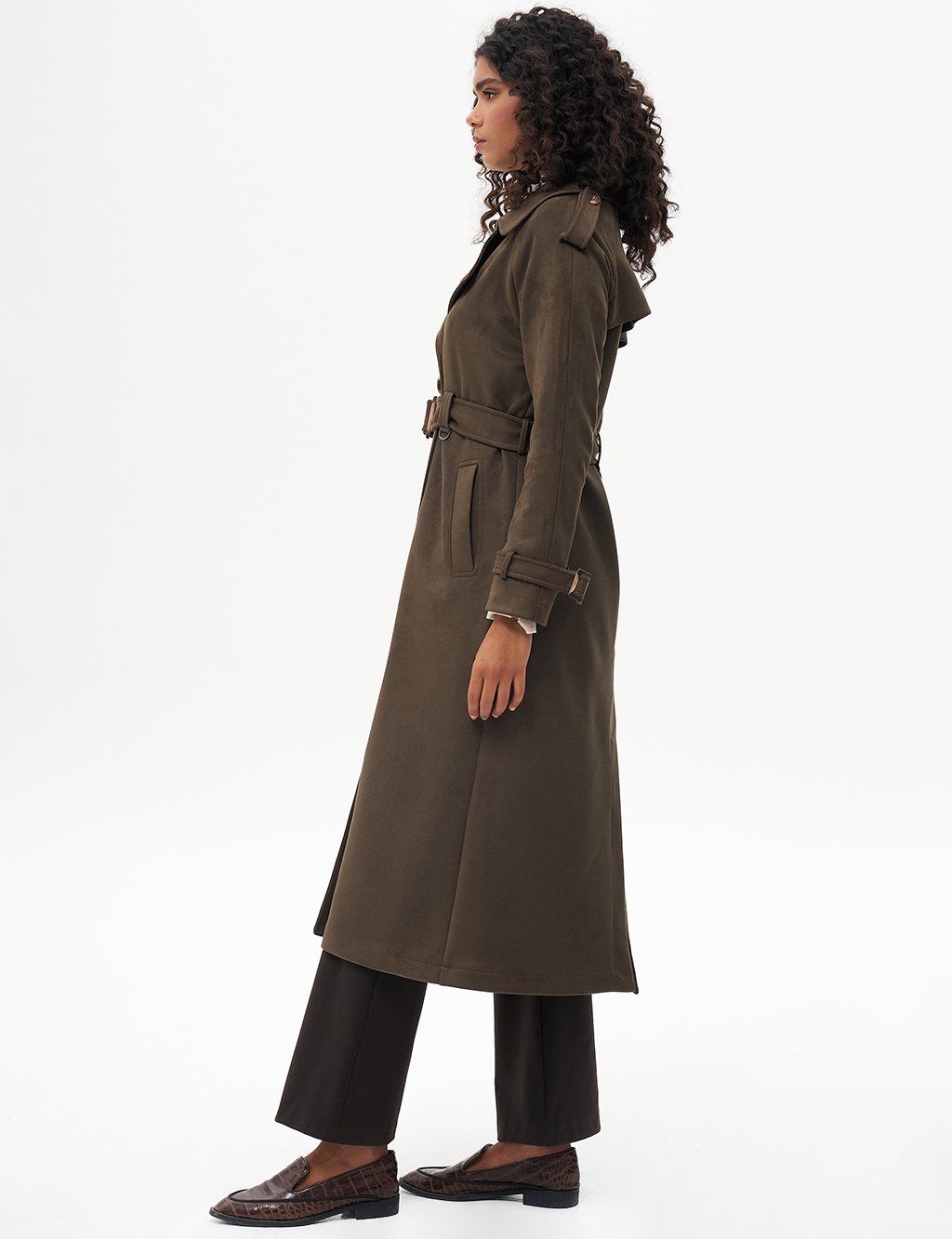 Suede Coat with Belt Detail Dark Khaki