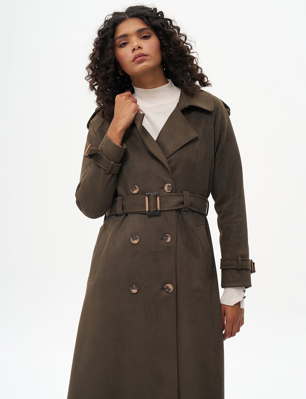 Suede Coat with Belt Detail Dark Khaki